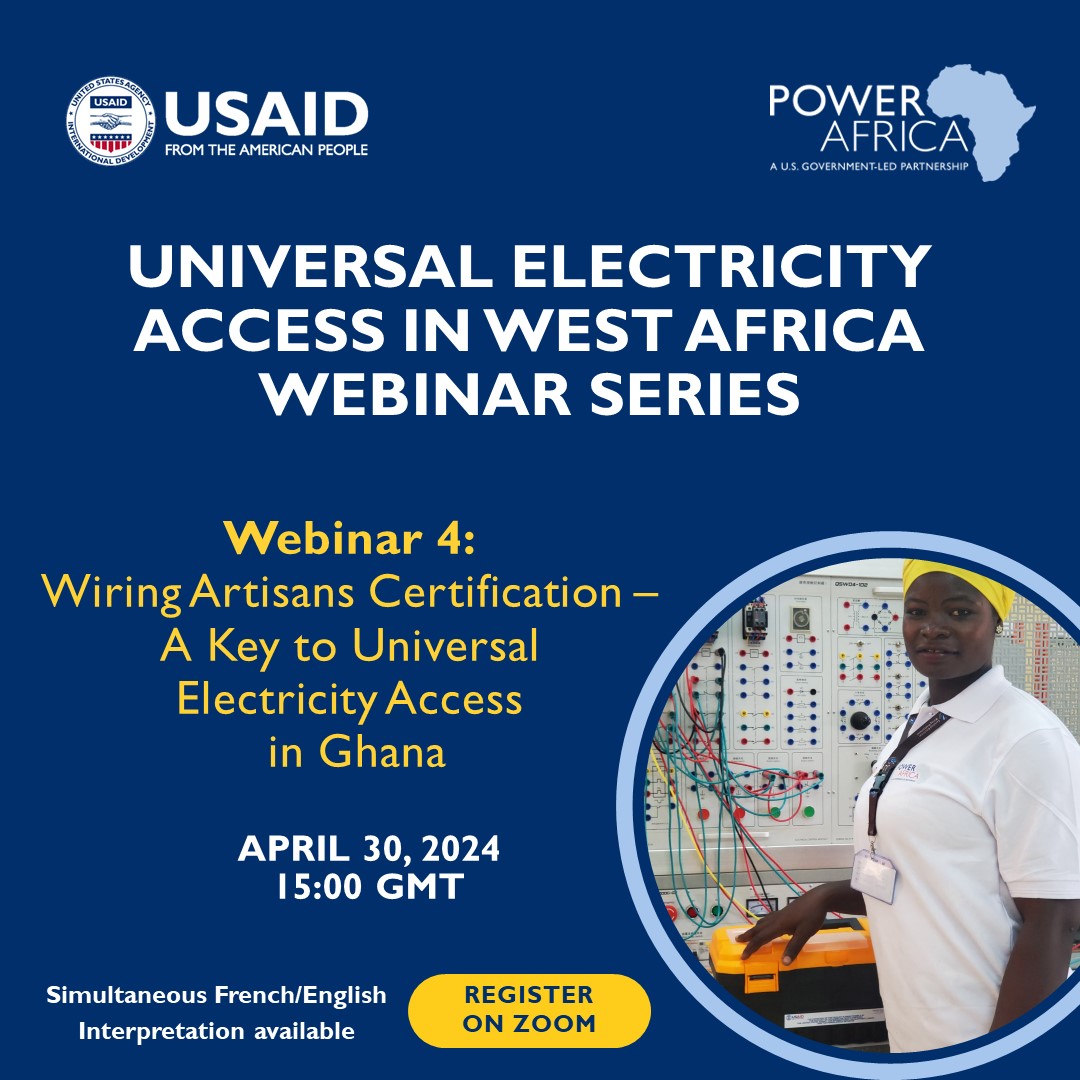 WEBINAR | Certified Wiring Artisans: Key to Universal Access in Ghana🇬🇭

Join us on 4/30 to learn how we partner w/ Ghana on a wiring artisan program, a unique approach to increase #EnergyAccess in rural areas

🟡REGISTER: ow.ly/9rwC50RhWur

@USAIDWestAfrica @USEmbassyGhana
