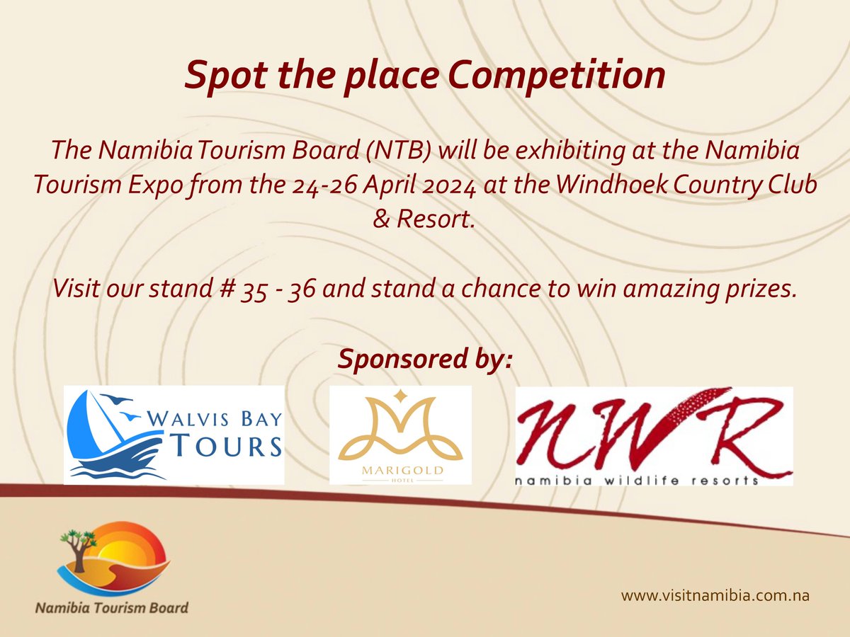 The @Tourism_Board will be exhibiting at this year's Namibia Tourism Expo, slated for April 24-26, 2024, at the Windhoek Country Club Resort and Casino. Visit our stand to learn more about our mandate and stand a chance to win amazing prizes. #visitNamibia #travelNamibia
