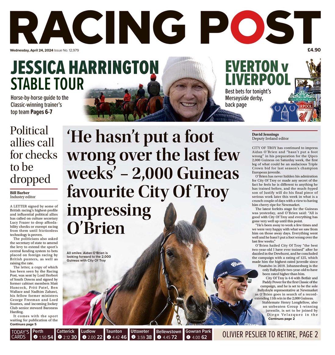 🗞️ In today’s Racing Post: 🏇🏽 2,000 Guineas favourite City Of Troy in strong form for Aidan O'Brien 🗣️ Political allies call for affordability checks to be dropped 👀 A Jessica Harrington stable tour 🔎 Plus the best bets for the Merseyside derby