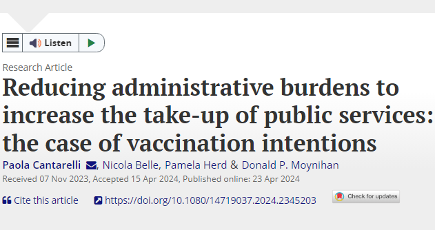 Open access: Paola Cantarelli, Nicola Belle', @pamela_herd & @donmoyn find that COVID-19 vaccination intention is +vely impacted by reducing #AdministrativeBurden - findings especially relevant for those 64+ and with neutral or high vaccination intention tandfonline.com/doi/full/10.10…