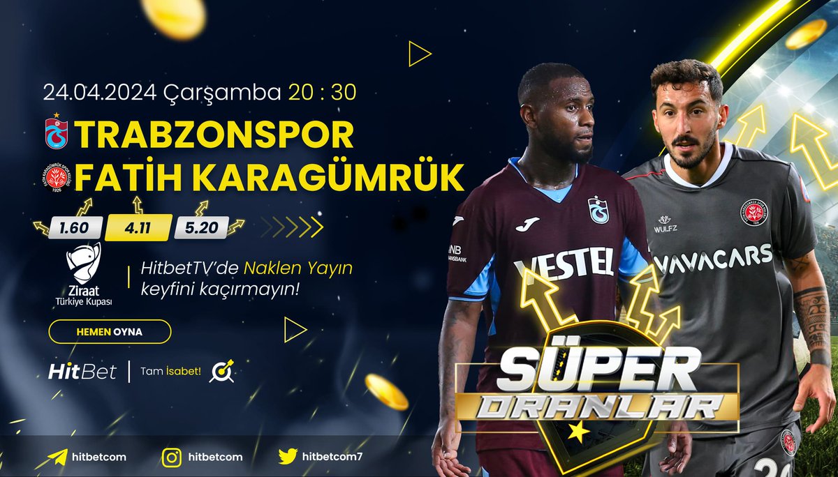 #Trabzonspor ⚜ #FatihKaragümrük karşılaşması #TürkiyeKupası heyecanı ile bu akşam saat 20:30'da #Hitbet'te!

🌐Güncel Giriş : h.t2m.io/Hitbet-Twitter 

📺 Maç Yayınları  : h.t2m.io/HitbetTV 

🎯#Hitbet #Tamisabet