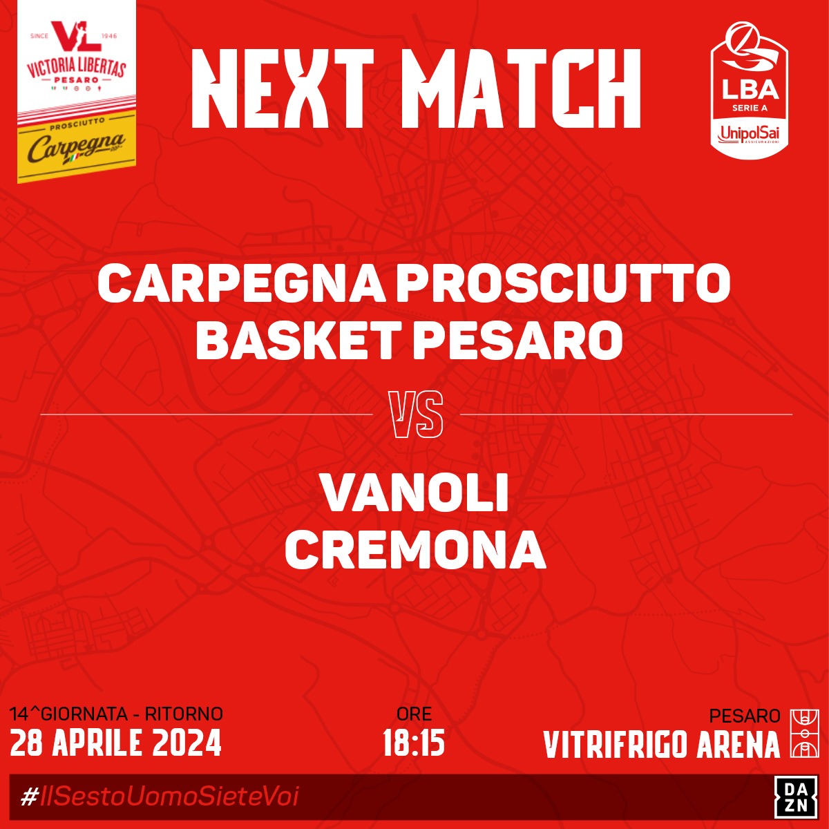 VLPesaro's tweet photo. #NextMatch #PesaroCremona #IlSestoUomoSieteVoi π₯πβͺπ΄ https://t.co/CGK5seph1N