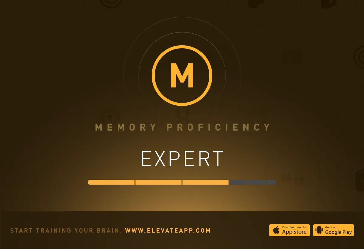 My skill level on @ElevateApp in Memory is now Expert. Download the app for free: #ElevateBrainApp #ElevateApp #BrainTraining taps.io/elevateapp?af_…