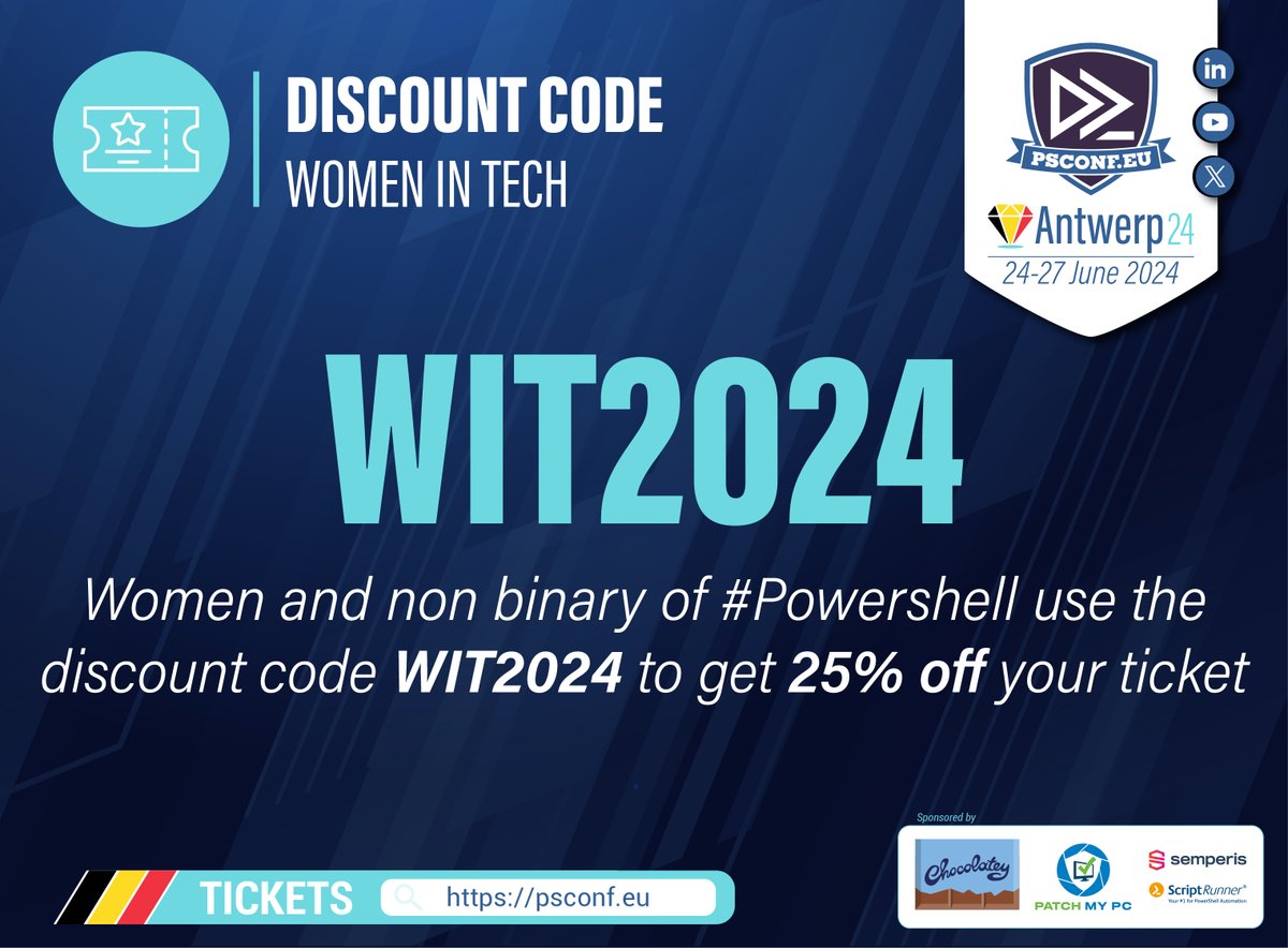 Women and non binary of the tech world, we've got an exciting deal for you! Use code WIT2024 for a 25% discount on #PSConfEU 2024 tickets. Join us in Antwerp from June 24-27, 2024, and elevate your #PowerShell skills.
Secure your spot at psconf.eu. 🚀