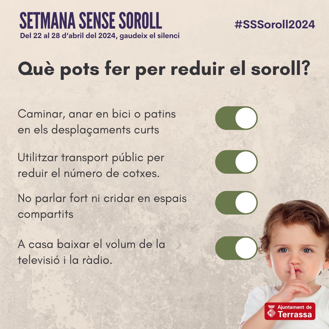 Hi ha accions que poden ajudar a reduir el soroll i que estan al nostre abast.
✅ Abaixem el to i no cridem als espais compartits.
✅ A casa abaixar el volum de la televisió i la ràdio per respectar als nostres veïns i veïnes.

#TerrassaMediAmbient #SSSoroll2024