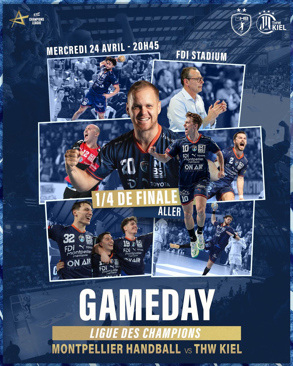 [#GameDay] 🤾🏻‍♂️

🏆#1/4DeFinaleALLER #LigueDesChampions @ehfcl 

@mhbofficiel 🔵⚪️
🆚
@thwkiel 

📅 Mercredi 24 avril
⌚️ 20:45

📍FDI Stadium, Montpellier 

Match à suivre ⬇️
@Eurosport_FR 2️⃣
TOUS AU STADE 🏟️