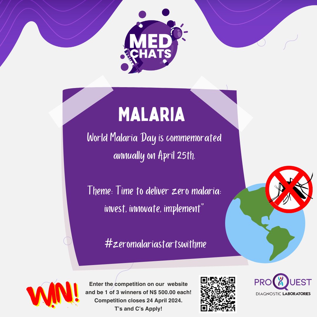 World Malaria Day is observed on 25 April🦟🌍, it’s an occasion to highlight the need for commitments for malaria prevention and control.
Take our malaria awareness competition and win your share of N$ 1 500.00. #zeromalariastartswithme #WorldMalariaDay24 #ProQuestLab