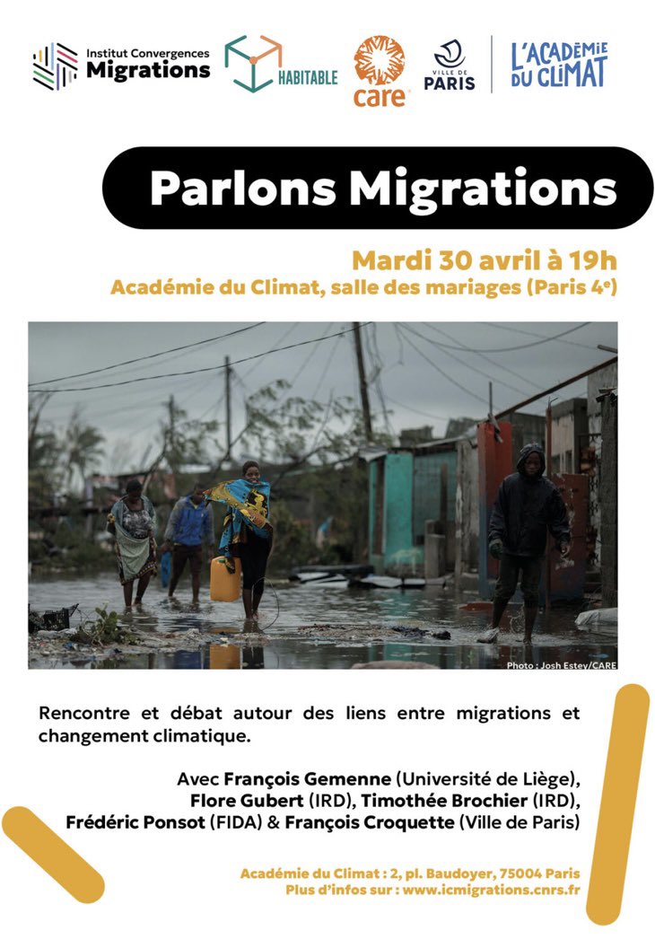 Are you interested in #EnvironmentalMigration ? Don’t miss the new session of “Parlons Migrations” in collaboration with @ICMigrations, @CAREfrance, @ird_fr & @HABITABLE_H2020 📆 April 30th 📍 Académie du Climat, 2 Place Baudoyer 🕦 19-21h ➡️ icmigrations.cnrs.fr/2024/03/29/ren…