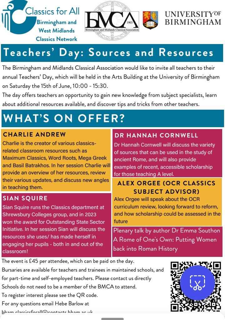 Please consider coming to this teachers day on 15th June at Birmingham Uni. Something for everyone - primary,secondary or Sixth Form/FE. The subject advisor for Classics will be there too (just after the first few exams!) #OCR #ClassicsTwitter