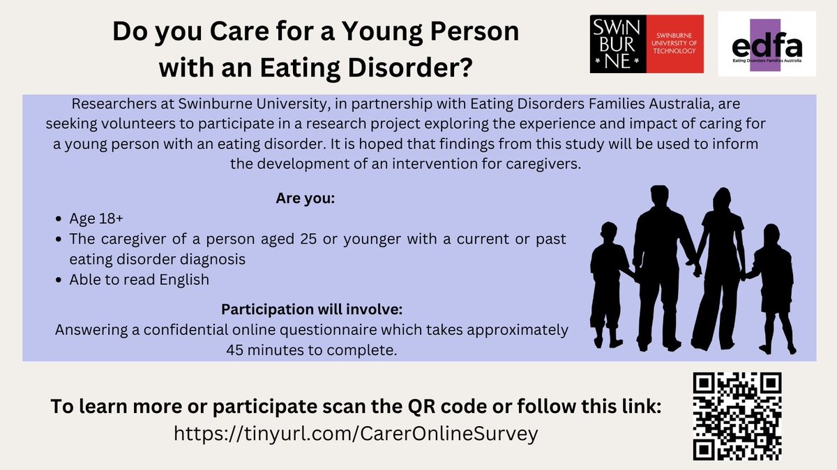 PhD candidate, Paige Davis, is recruiting #caregivers of young people (25 yrs & younger) with a current or past #eatingdisorder to complete a survey about their needs & experiences as a caregiver. To learn more, click here: tinyurl.com/CarerOnlineSur…
 
#carersupport