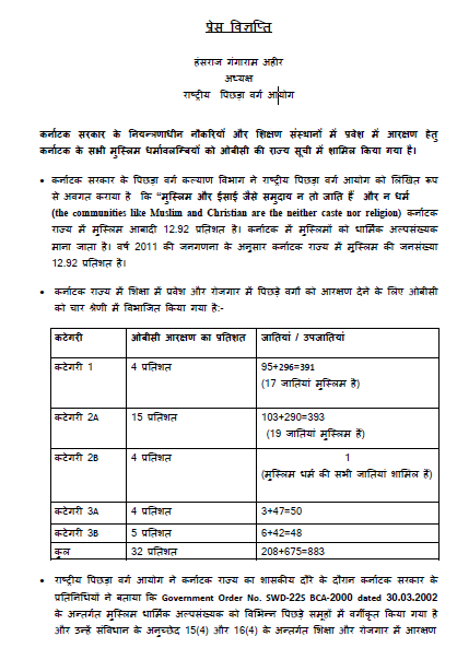 ANI's tweet photo. As per the data from Karnataka government, all castes and communities of Muslims of Karnataka have been included in the list of OBCs for reservation in employment and educational institutions under the state govt. Under Category II-B, all Muslims of Karnataka state have been considered as OBC: National Commission for Backward Classes