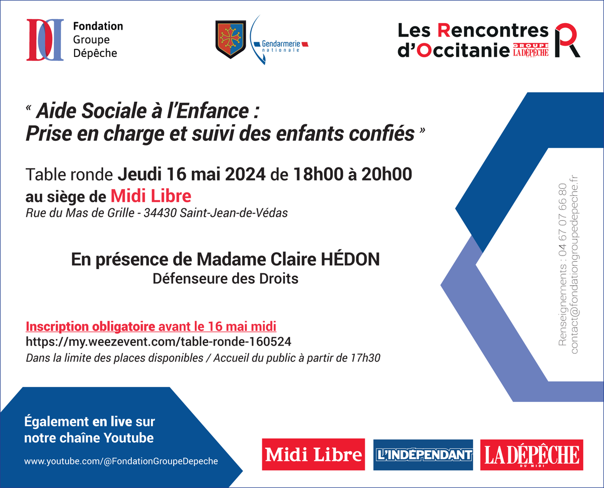 [ Rencontres d'Occitanie ]

Prochaine table ronde en partenariat avec la #GendarmerieOccitanie :

Thème : "Aide Sociale à l’Enfance : Prise en charge et suivi des enfants confiés"
🗓 16 mai (18h-20h)
📍Midi Libre (+ Live YouTube)

Inscription : my.weezevent.com/table-ronde-16…

<a href="/mfmbaylet/">M-F Marchand-Baylet</a>
