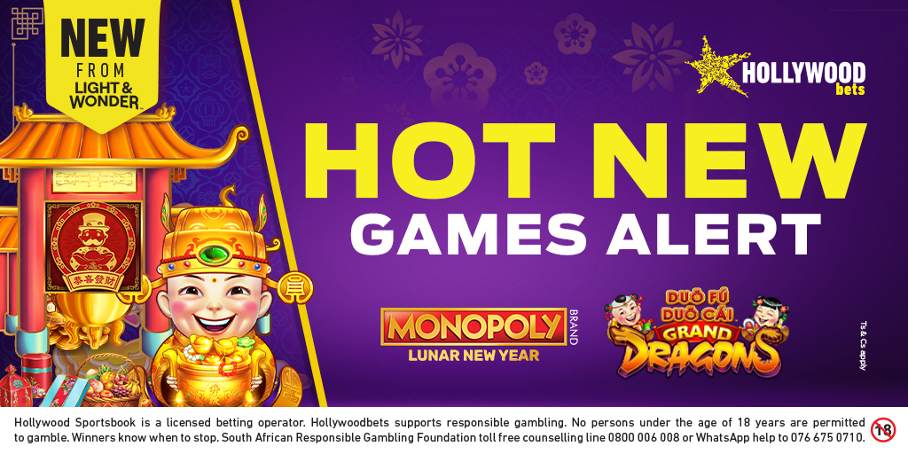 HOT and just for YOU! Light & Wonder gives you two sizzling NEW games! Spina Zonke with Monopoly Lunar New Year and Duo Fu Duo Cai Grand Dragons! Be ushered into the spirit of fortune and good luck with these Chinese-themed games! Bet NOW! Ts and Cs apply. #HWBTWT