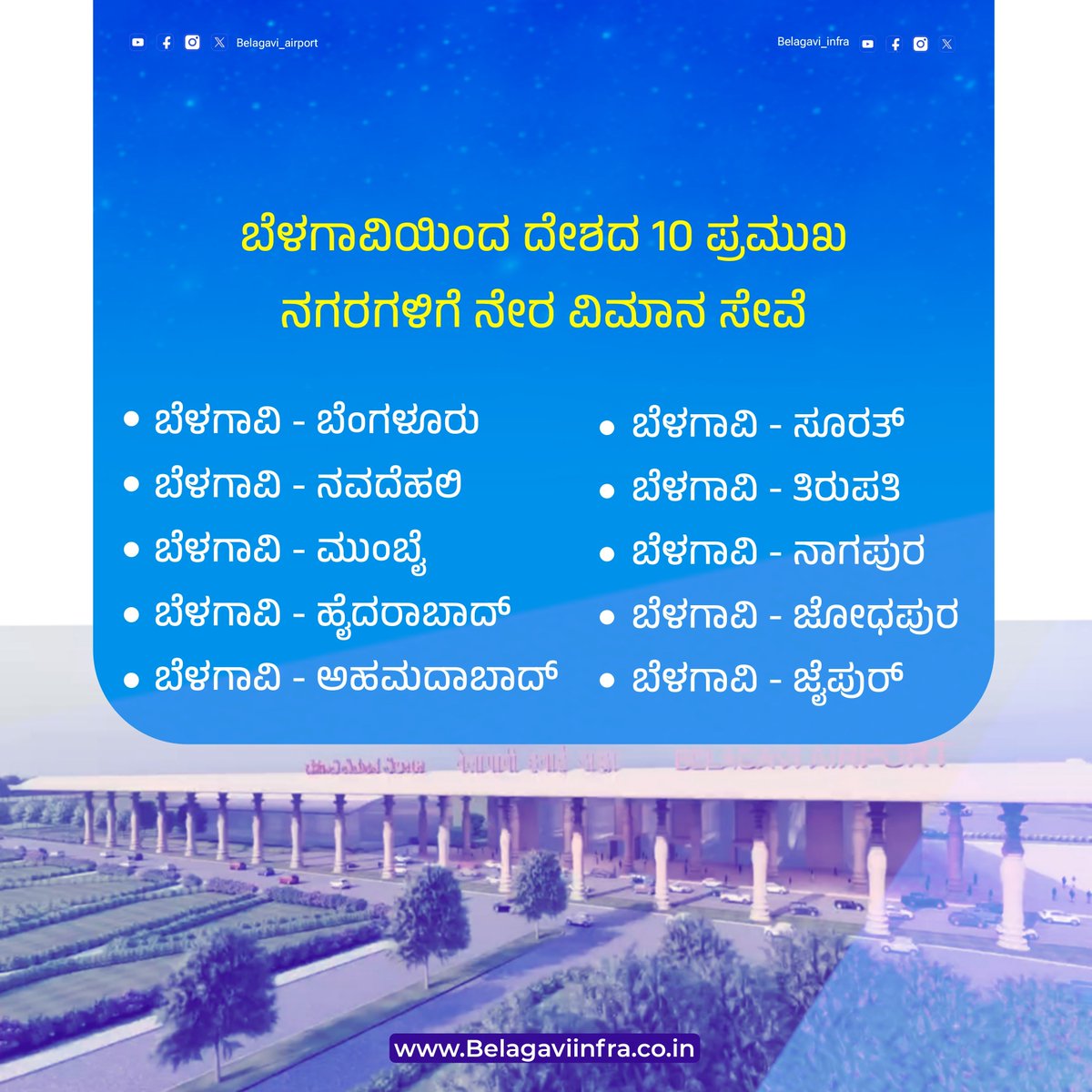 ರಾಜ್ಯದ 3 ನೇ ಅತಿ ಹೆಚ್ಚು ಜನನಿಬಿಡ - ಜನಪ್ರಿಯ, ಅತಿ ಹೆಚ್ಚು ವಿಮಾನ ಹಾರಾಟ ಹೊಂದಿದ ಉತ್ತರ ಕರ್ನಾಟಕದ ಏಕೈಕ ವಿಮಾನ ನಿಲ್ದಾಣ  : ಬೆಳಗಾವಿ ವಿಮಾನ ನಿಲ್ದಾಣದಿಂದ ದೇಶದ 10 ಪ್ರಮುಖ ನಗರಗಳಿಗೆ ನೇರ ವಿಮಾನ ಸೇವೆ.

ವಿಮಾನ ಸೇವೆ - ವೇಳಾಪಟ್ಟಿ ಮಾಹಿತಿಗಾಗಿ : belagaviinfra.co.in/belagavi-airpo… ಗೆ ಭೇಟಿ ನೀಡಿ

#BelagaviAirport #Karnataka