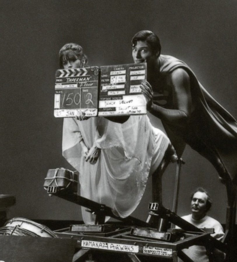 Margot Kidder and Christopher Reeve on the set of SUPERMAN (1978).