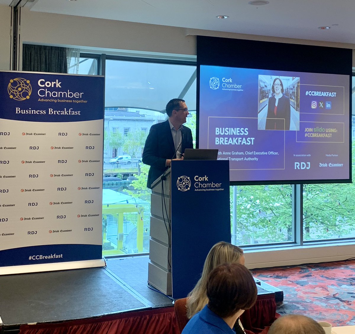 CEO of Cork Chamber, Conor Healy welcomes the crowd at the #CCBreakfast and introduces this morning’s member soapboxes, a fantastic opportunity for members to share their ‘elevator pitch’ in front of Cork’s business community. In association with @RDJ_LLP & @Irishexaminer