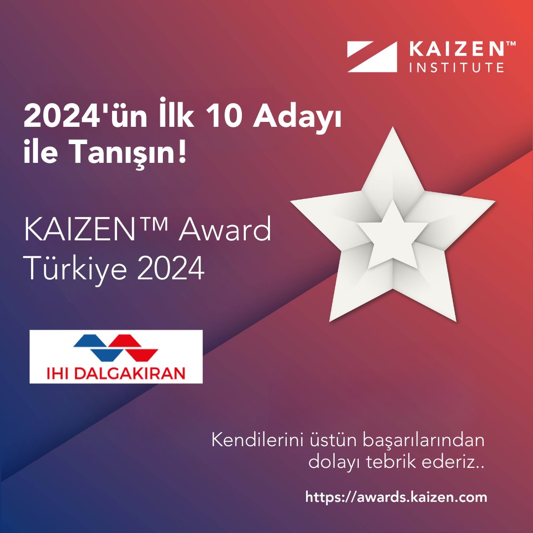 KAIZEN™ Award Türkiye 2024 ilk aşama değerlendirme sürecini tamamladık! İlk 10 aday arasında yer alan  IHI DALGAKIRAN - KAIZEN™ Award Türkiye 2024 ekibini üstün başarılarından dolayı tebrik ederiz 🥳 
linkedin.com/feed/update/ur…
#AWARD #kaizen #Top10