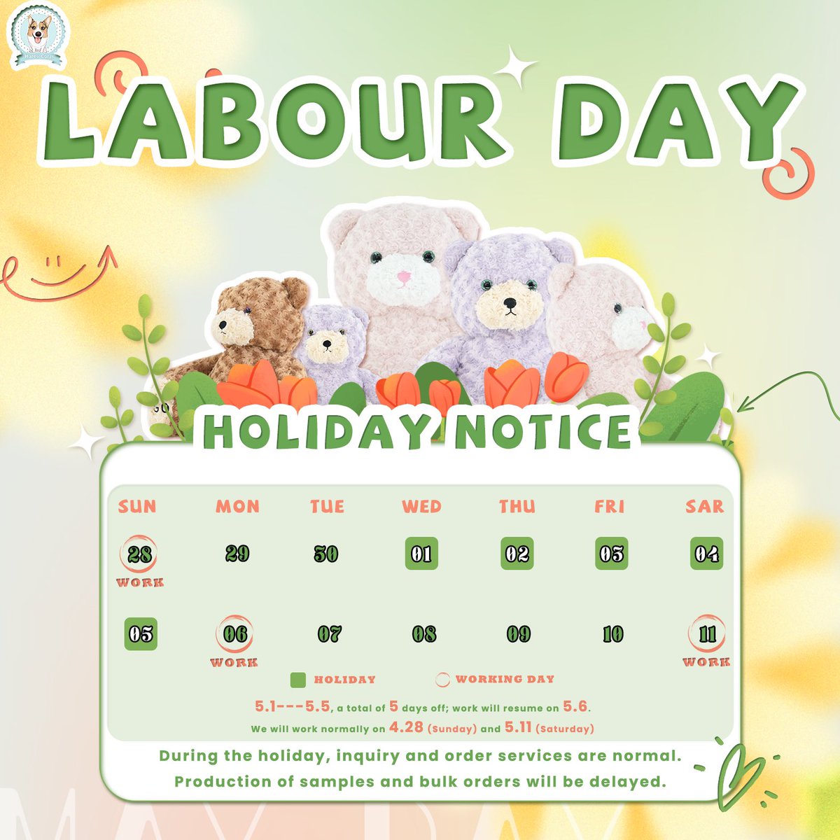 💚💐According to the national holiday regulations ,we will have a 5-day Labor Day holiday from May 1st to May 5th👷 During the holidays, if you have any questions, please feel free to contact us!Our sales managers will reply ASAP:) Wish you all have a happy holiday !!❤️…