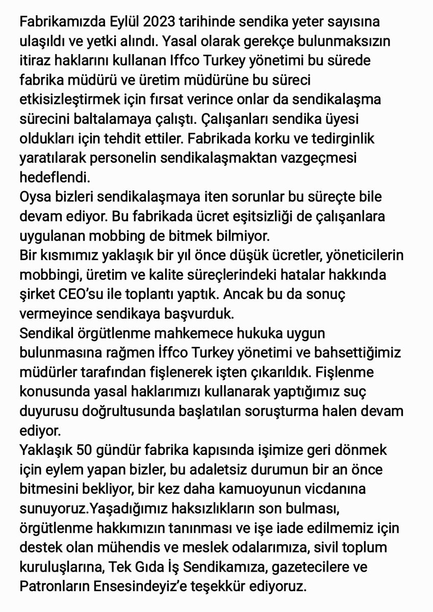 Iffco direnişçilerinden açık mektup