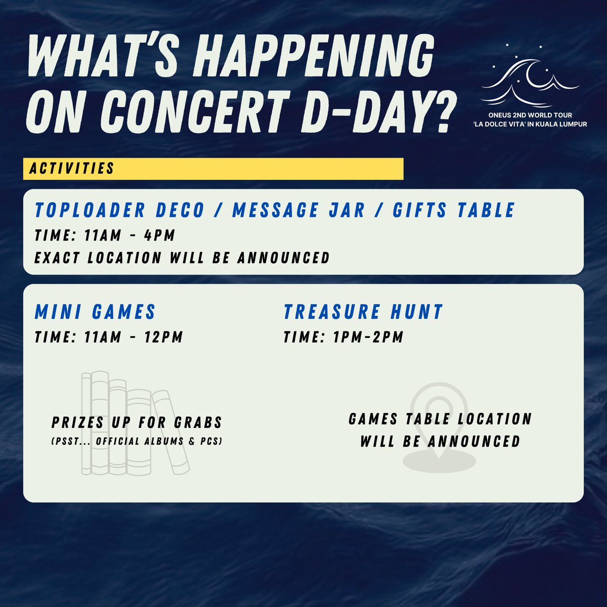 ONEUSMALAYSIA's tweet photo. [#ONEUSMY]

WHAT'S HAPPENING ON CONCERT D-DAY 🤔

TOMOON! It's getting nearer 😱😱
Here are some fanevents we prepared for you all 🥰

Join us gather with fellow TOMOONs before we La Dolce Vita with Oneus for #ONEUSinMY 🌊 https://t.co/LcN4crveXE