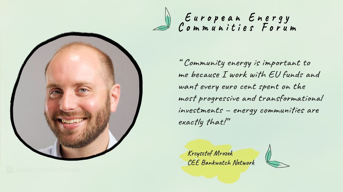 ⏳ Counting down the days to our #EnergyCommunitiesForum in Prague! ✨ We are looking forward to listening to Krzysztof Mrozek from @ceebankwatch in the session ‘Financing for starters’. Let’s build the blocks of #EnergyDemocracy! #EECF2024 🔗 bit.ly/3wl4ie1