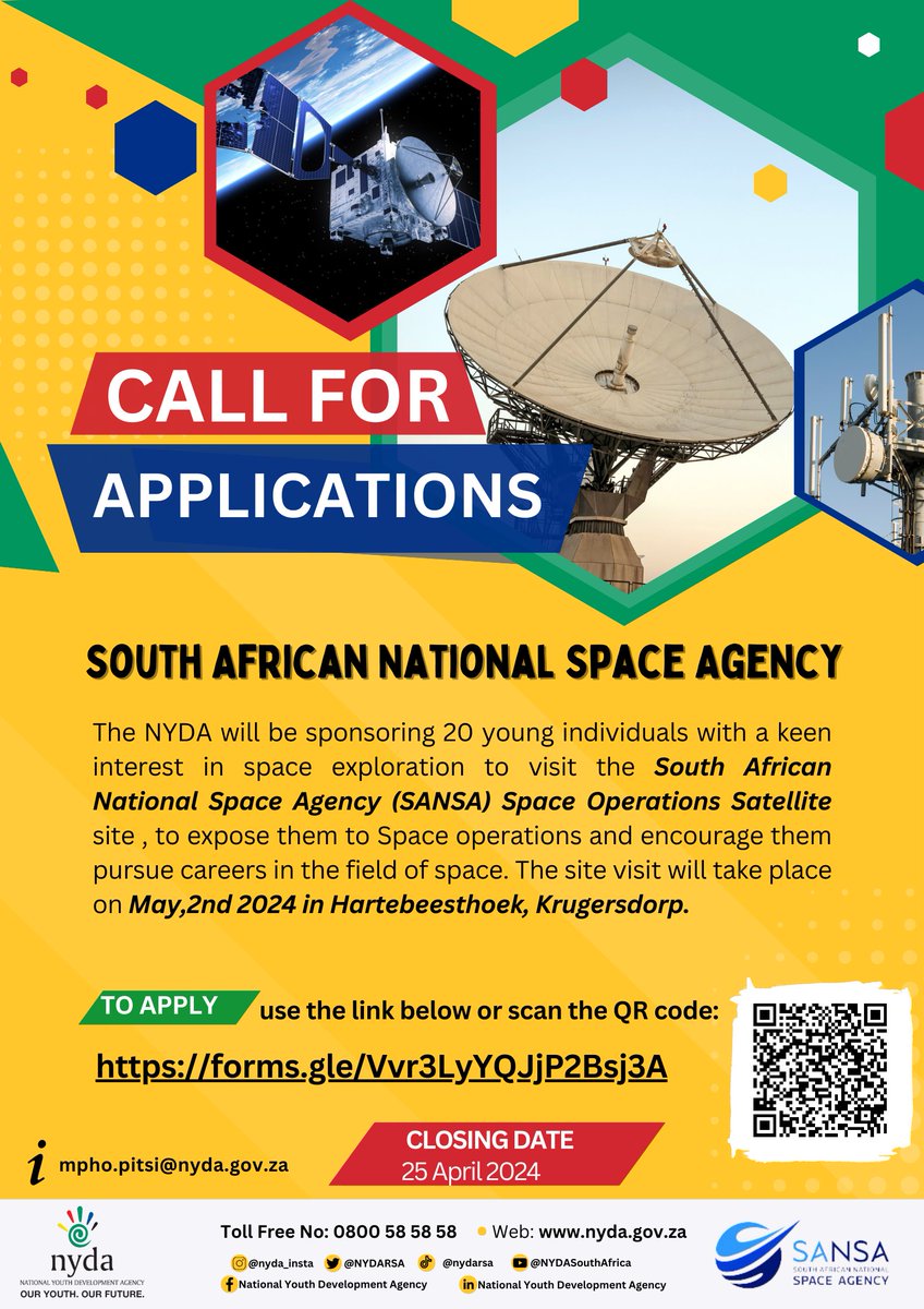 Exciting Opportunity Alert! The NYDA is offering sponsorship for 20 young enthusiasts passionate about space exploration! Join us for an exclusive visit to the South African National Space Agency (SANSA) Space Operations Satellite site in Hartebeesthoek, Krugersdorp on 2 May