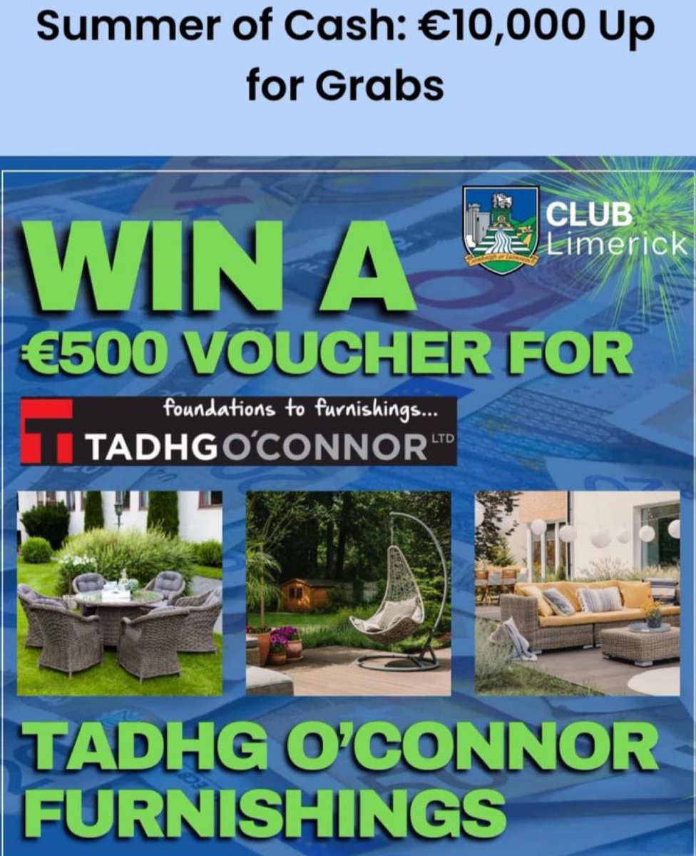 EXCLUSIVE FOR APRIL WIN €10,000 + 29 Other CASH PRIZES. Also up for grabs - A €500 Voucher for Garden Furniture! Perfect for those long summer evenings approaching soon Enter for as little as €8.33 p/month Draw closes Friday April 26th clublimerick.ie/draw