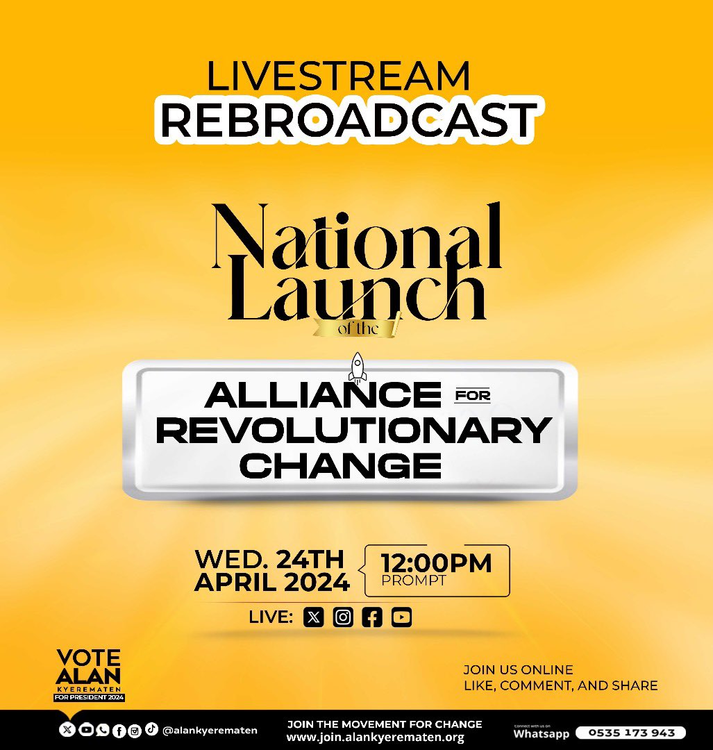 Join us this Wednesday, April 24th, for an exclusive LIVESTREAM REBROADCAST of the historic launch event of the Alliance for Revolutionary Change! 

| putin | Todd Boehly | Nicholas Jackson |
#TheBigAnnouncement
#GhanaWillRiseAgain
#AllianceForRevolutionaryChange
#DumsorMustStop