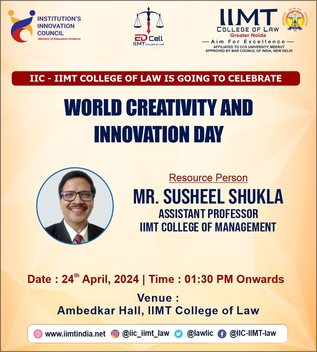 IIMT College of Law is celebrating ' World Creativity and Innovation Day ' on 24th April 2024.
.
#iic #iimt #iiciimt #innovationCouncil #iimtInnovationCell #iiciimt #innovationCouncil #iimtInnovationCell
#IIC #YouthDay #InnovationCell #entrepreneur #Innovation #IIMTNoida