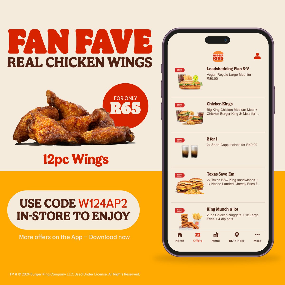 Join us for a chicken wing feast with our amazing BK App deal: R65 for 12 pieces of original crispy wings. Hurry to BK today until 30 April to enjoy this offer multiple times a day. See you in BK! 🍗😊 #BurgerKingSA #BKApp