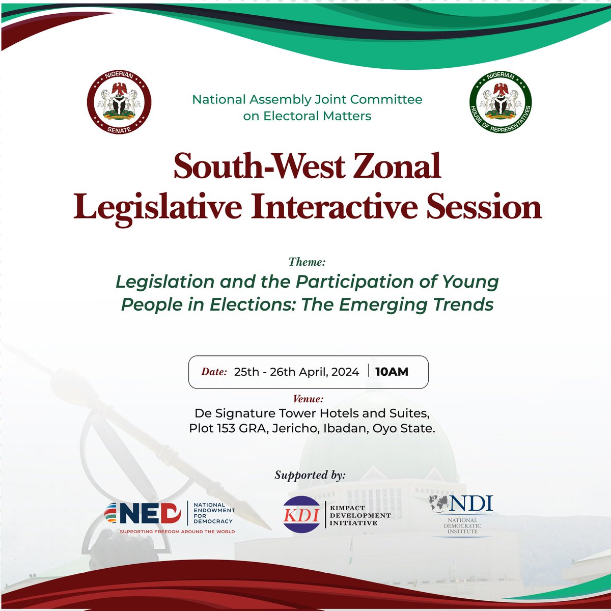 The Joint National Assembly Committee on Electoral Matters, in collaboration with @KDI_ng is scheduled to hold a 2-day South-West Zonal Legislative Interactive Session in Ibadan, Oyo State. This is to provide opportunity for youths to be involved in electoral reform process.