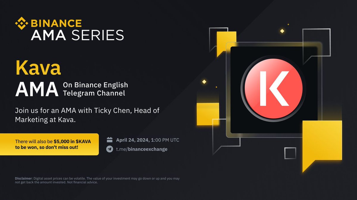 binance's tweet photo. Join us today for an AMA in the #Binance English Telegram channel with @ticky_chen, Head of Marketing at @KAVA_CHAIN!

🗓 April 24, 2024. 
⏰ 1:00pm UTC.

There will be $5,000 in $KAVA to be won, so don't miss out!

➡️ https://t.co/6A44tBLSZI https://t.co/L8z8mkjeLb