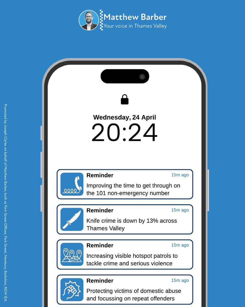 ☑️ Improving the 101 call times ☑️ Knife crime down by 13% ☑️ Increasing visible local patrols ☑️ Tackling domestic abuse Lend me your support on Thursday 2nd May and back my plan for more police and safer streets matthewbarber.co.uk/plan