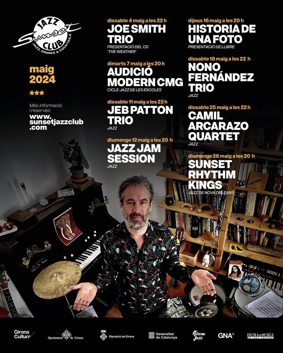 Aquí teniu el fantàstic cartell del mes de maig, darrer de la temporada estable de concerts. Com sempre, grans talents d’aquí i d’allà i de totes les edats. No us els perdeu! #GironaJazz #JoSocSunset