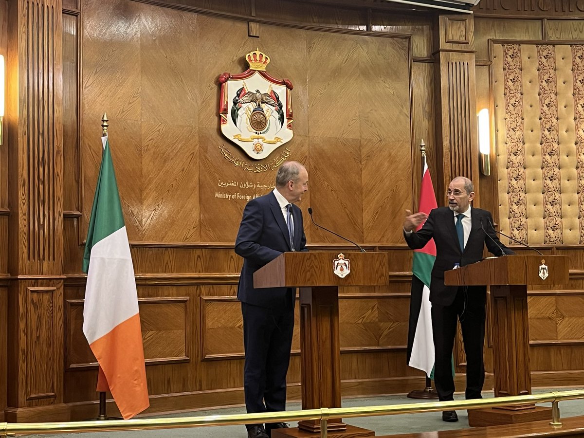 Tánaiste Mícheál Martin and Jordanian Foreign Affairs Minister Ayman Safadi. Martin said barriers by Israel to aid shipments at Rafah are “morally reprehensible” and that it is an urgent situation that needs immediate action. He has called out countries refusing to fund UNRWA.