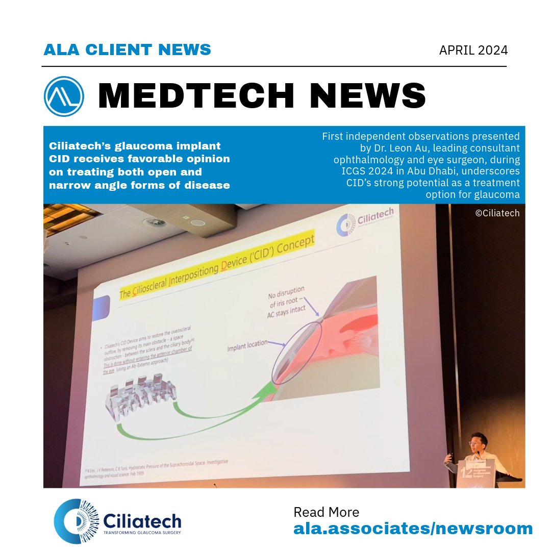 ALA_Group's tweet photo. [ALA Client News] @cilia_tech’s glaucoma implant CID receives favorable opinion on treating both open and narrow angle forms of disease

https://t.co/LyfihfHPQL

#ophthalmology #medtech #glaucoma #ICGS2024 https://t.co/8bdsJI9PI8