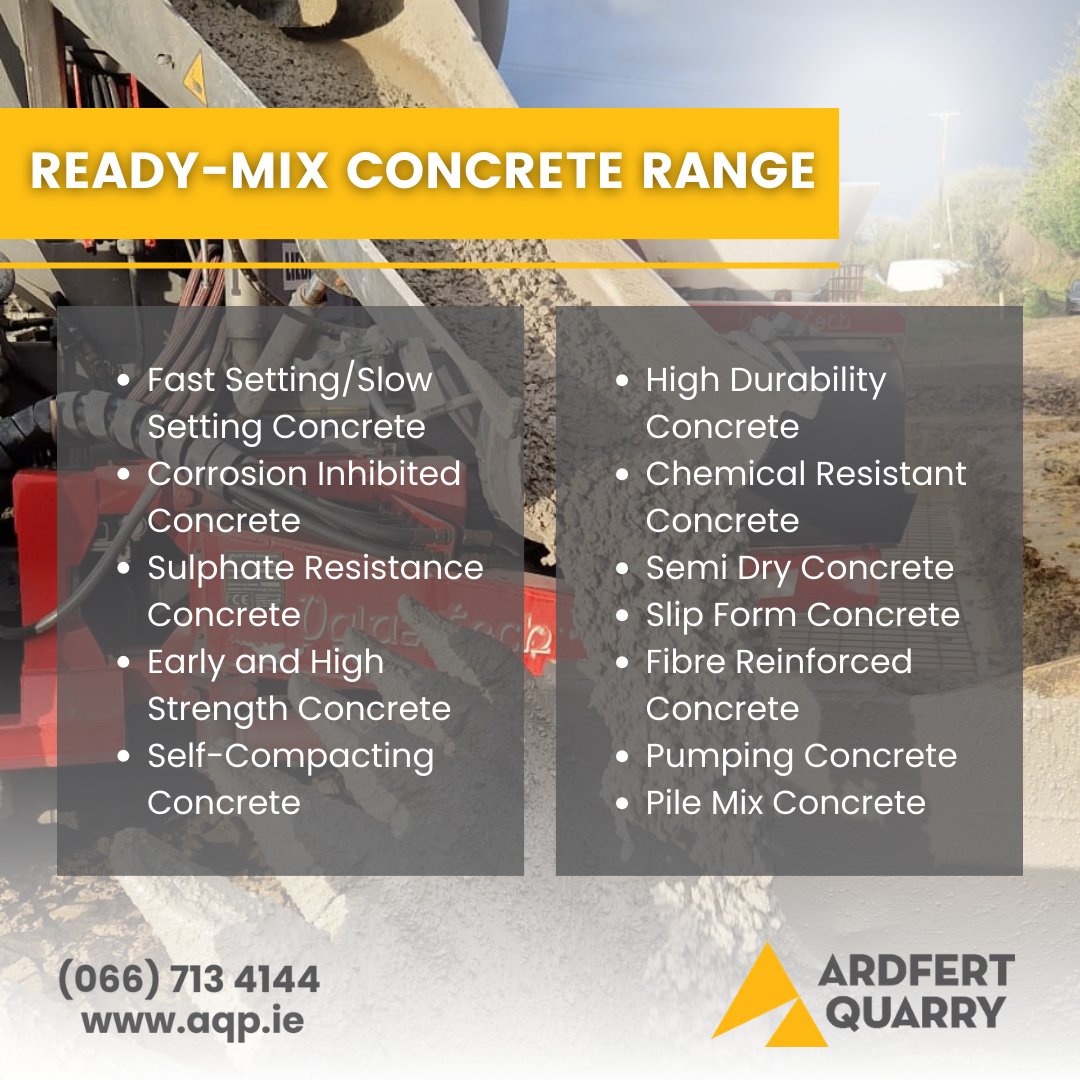 Did you know ❓

Ardfert Quarry is a leading accredited supplier of ready-mix concrete! 

To place an order, call 066 713 4144 📞

#ReadMixConcrete #ArdfertQuarry #Stone #Construction #ConstructionMaterials