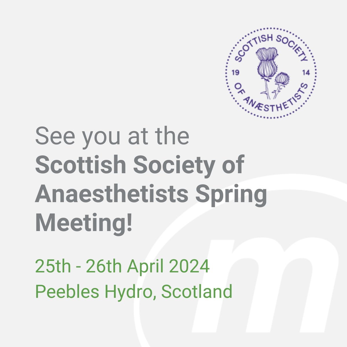 We're looking forward to seeing you at the Scottish Society of Anaesthetists Spring Meeting!

📍 25th - 26th April 2024
📅 Peebles Hydro, Peebles, Scotland, EH45 8LX