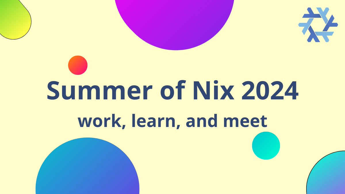 nixos_org's tweet photo. Don't miss out! Apply now for Summer of Nix 2024! Become a part of one of four teams and help make selected FOSS projects run seamlessly with Nix and NixOS. Deadline: May 10th. Learn more: https://t.co/cukjGmKa6Y https://t.co/gPA1YX3H91