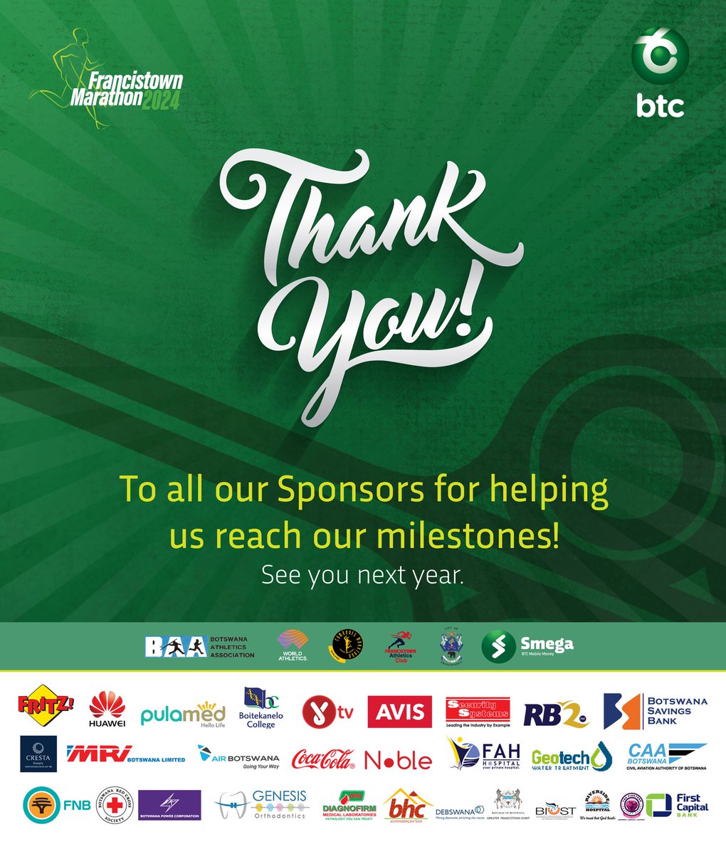 A heartfelt thank you to our incredible sponsors who made the  BTC Francistown Marathon 2024 a resounding success!

 Your unwavering support and commitment have been instrumental in making this event truly remarkable.

#BTCFrancistownMarathon
#MileStoneOfHope
#LiveConnected