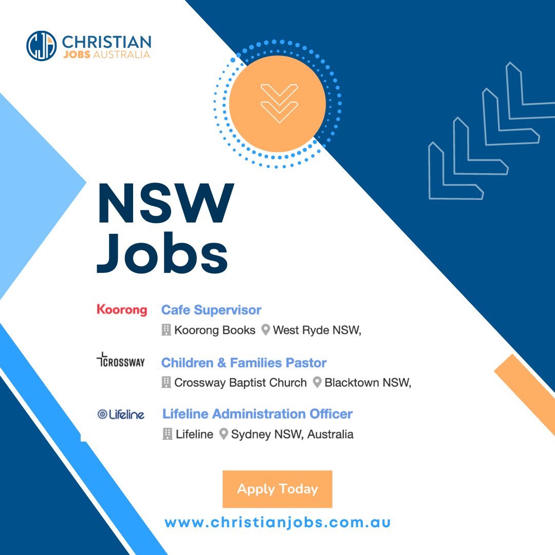 ⭐NSW JOBS⭐
🟨 Cafe Supervisor - Koorong Books (West Ryde) ow.ly/uNuL50RhMZi
🟨 Children and Families Pastor - Crossway Baptist Church (Blacktown) ow.ly/M78i50RhMZj
🟨 Lifeline - Administration Officer (Sydney) ow.ly/i6AM50RhMZh

#Christianjobsaustralia