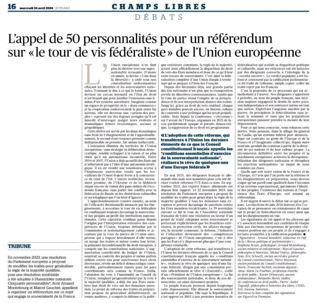 La tribune qui gêne profondément l'@Elysee la veille du discours d'@EmmanuelMacron sur son projet d'Europe fédérale. A relayer le plus largement possible.