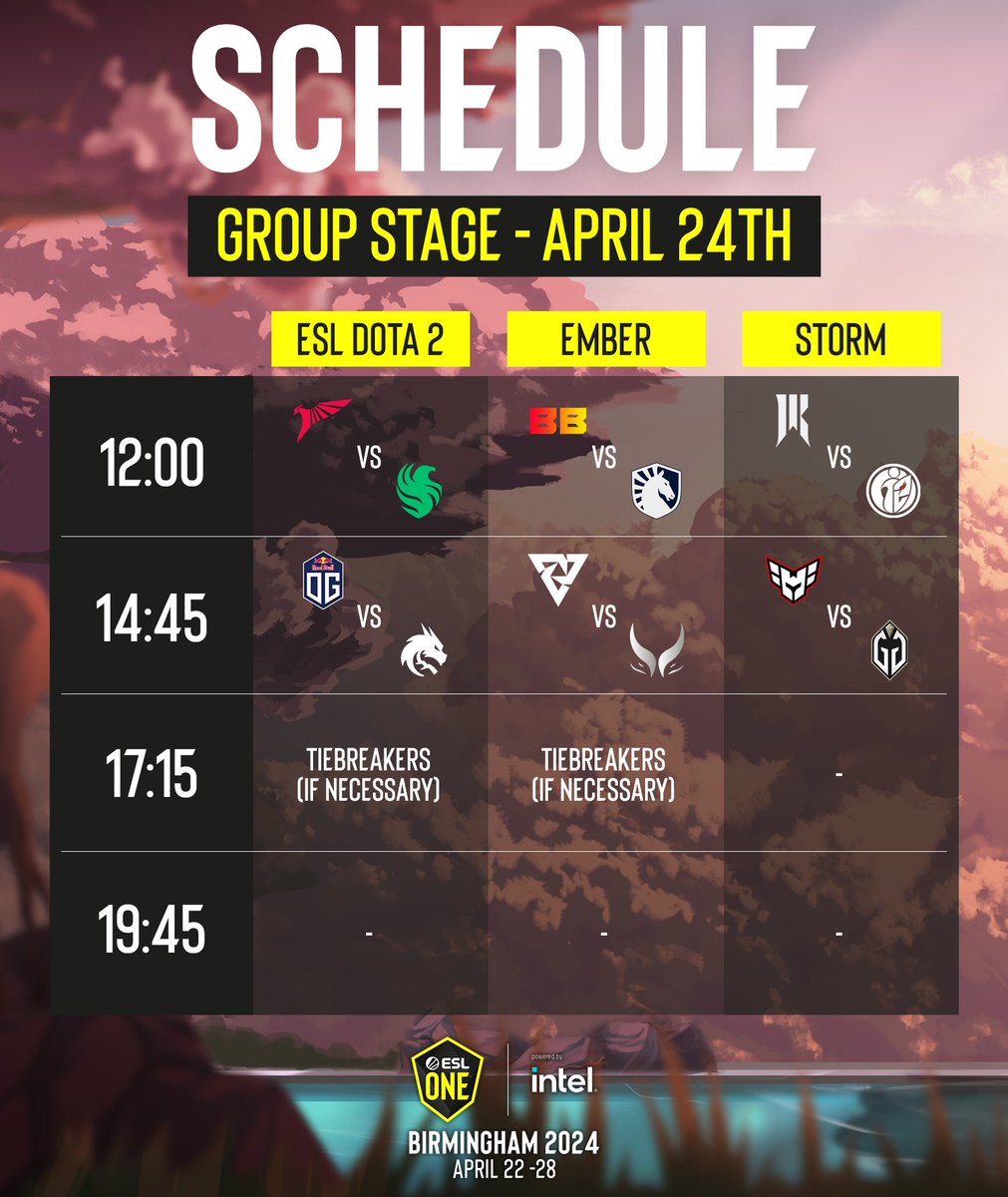 It's time for the LAST day of the #ESLOne Birmingham Group Stage!

Time to find out which 8 teams will be making it to the Playoffs 👊

All times are in BST 🕑
📺  twitch.tv/esl_dota2 
🔥  twitch.tv/esl_dota2ember 
🌩️  twitch.tv/esl_dota2storm