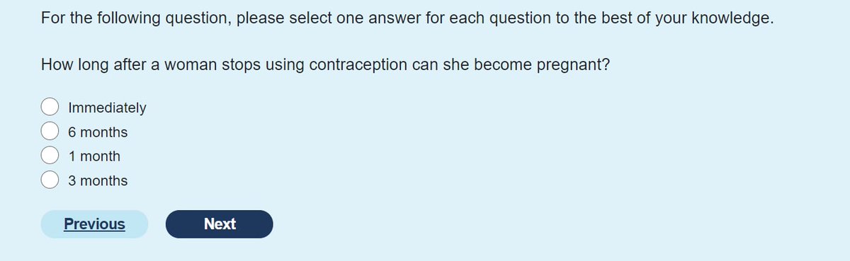 I got an email from the Social Research Centre asking me to do a survey about contraception for a $10 gift card.

I am poor, so yes.

But this feels less like a survey and more like a Year 8 PDHPE exam and this is stressful.