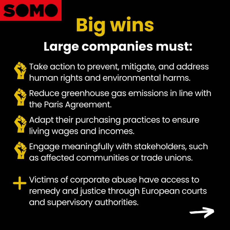 SOMO's tweet photo. 📣The @Europarl_EN just endorsed the #CSDDD! A crucial step in protecting human rights &amp; the environment and providing access to justice for corporate harm victims.
🚨As corporate lobby ramps up, we'll advocate for 
ambitious transposition into national laws!

See our explainer👇