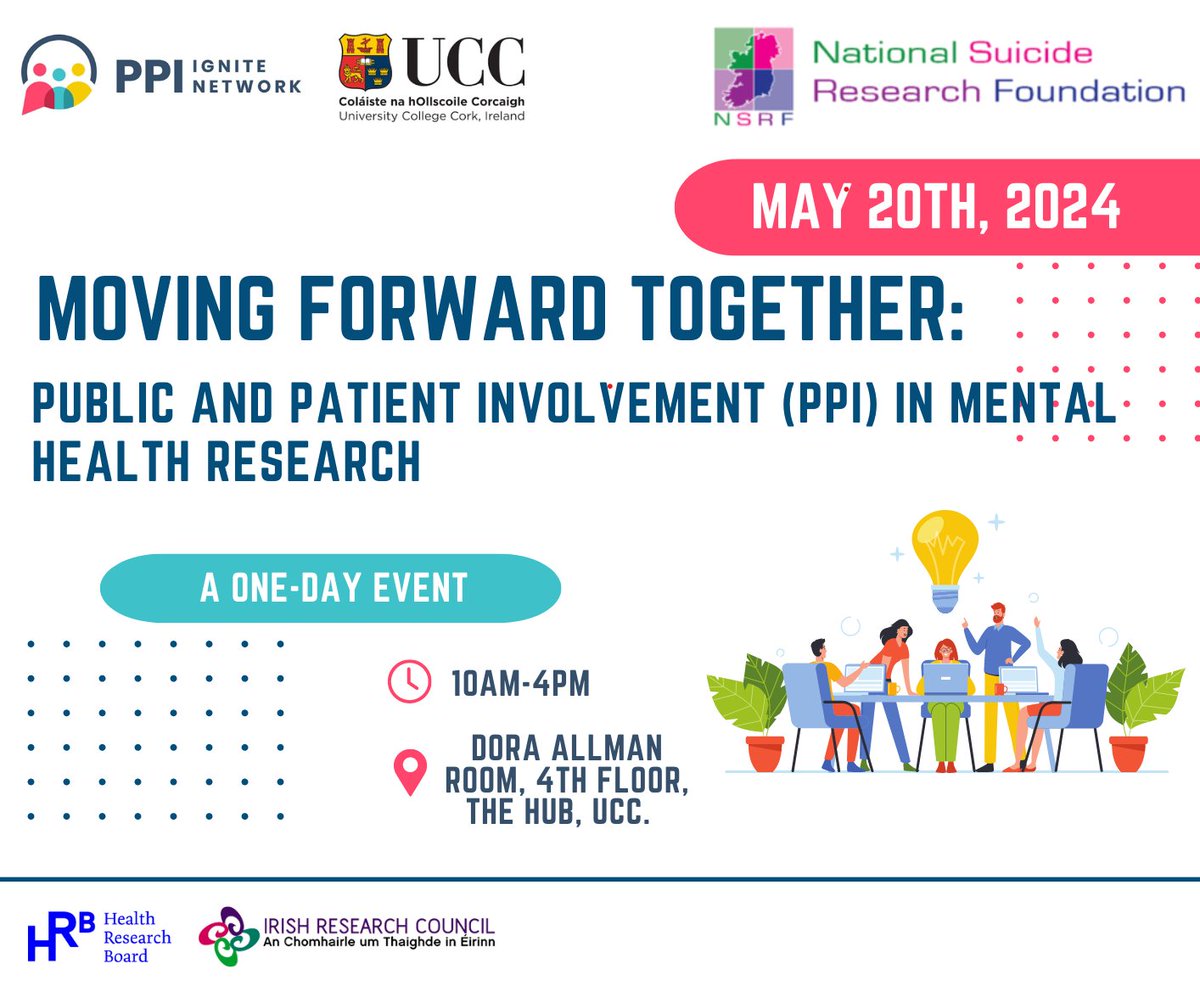 Join our #PPI in Mental Health Research Seminar on May 20th in collaboration with @PPI_Ignite_UCC ▶️Keynote lectures by @DrLeahQuinlivan, two Lived Experience advocates & Seeking Safety Irl ▶️Speakers incl. @michriann, @maria_quinlan & Lydia Sapouna 🖊️: tinyurl.com/4k85uwks