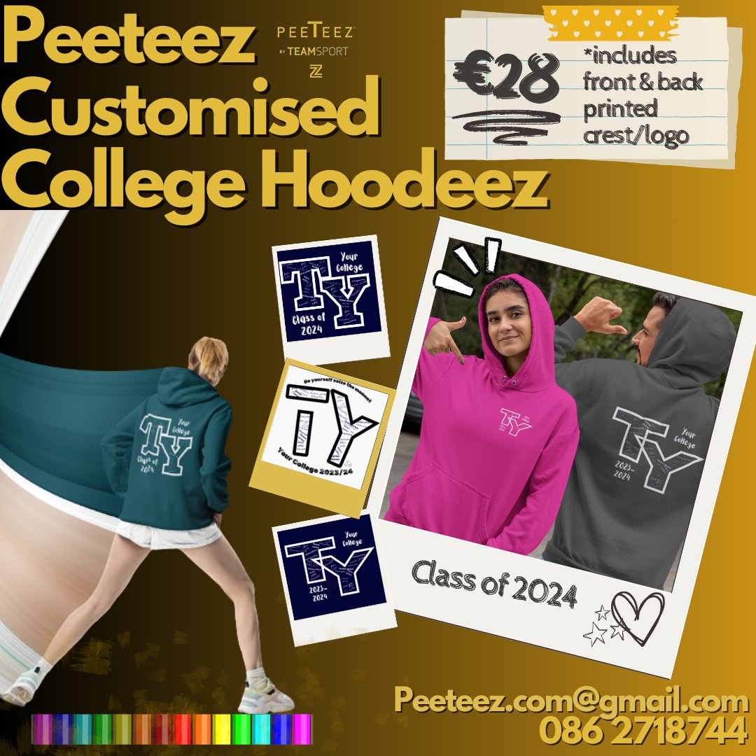 Calling all TY studentz &amp; teacherz ‼️

⏲️ Time is flying by!
Get your orders in for your TY hoodeez. 

Chat to our in-house design team about designs, logos, colours, sizes &amp; quantities today! 
📲 086 2718744 
📧 peeteez.com@gmail.com 

#transitionyear  #secondaryschool #uniforms