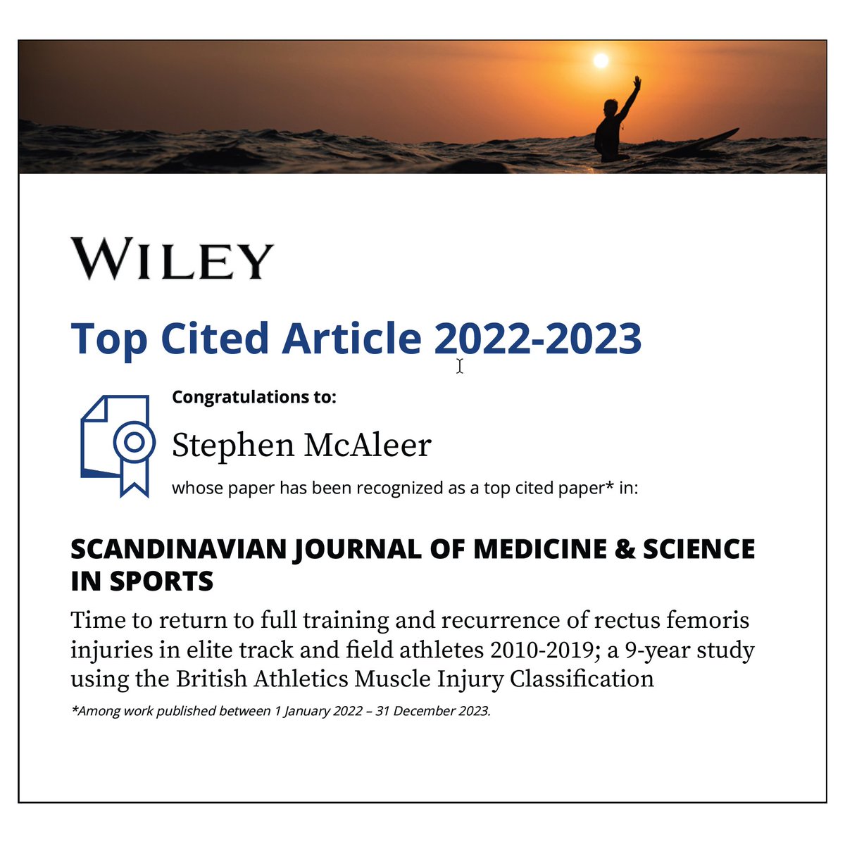 Nice notification to receive of our paper being one of the top 10 most-cited papers published with the ScandJMedSciSports. #TopCitedArticle 

onlinelibrary.wiley.com/doi/abs/10.111…