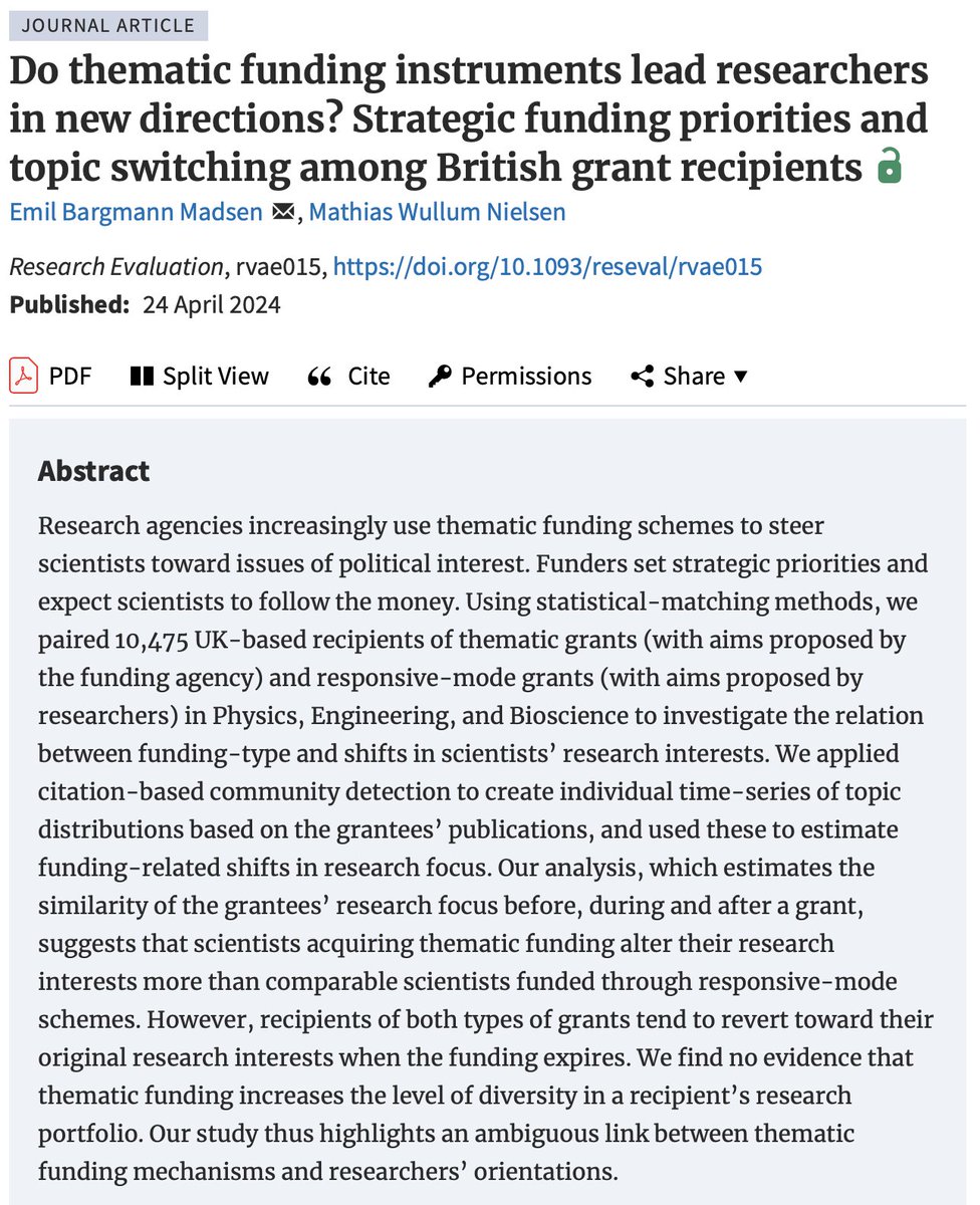 1/3 🧵 Publication alert! In a new paper (shorturl.at/bptuQ), @EmilBargmann and I examine the relationship between funding-type (thematic vs. responsive-mode) and shifts in research interests among 10k grant recipients in UK Physics, Engineering and Bioscience.