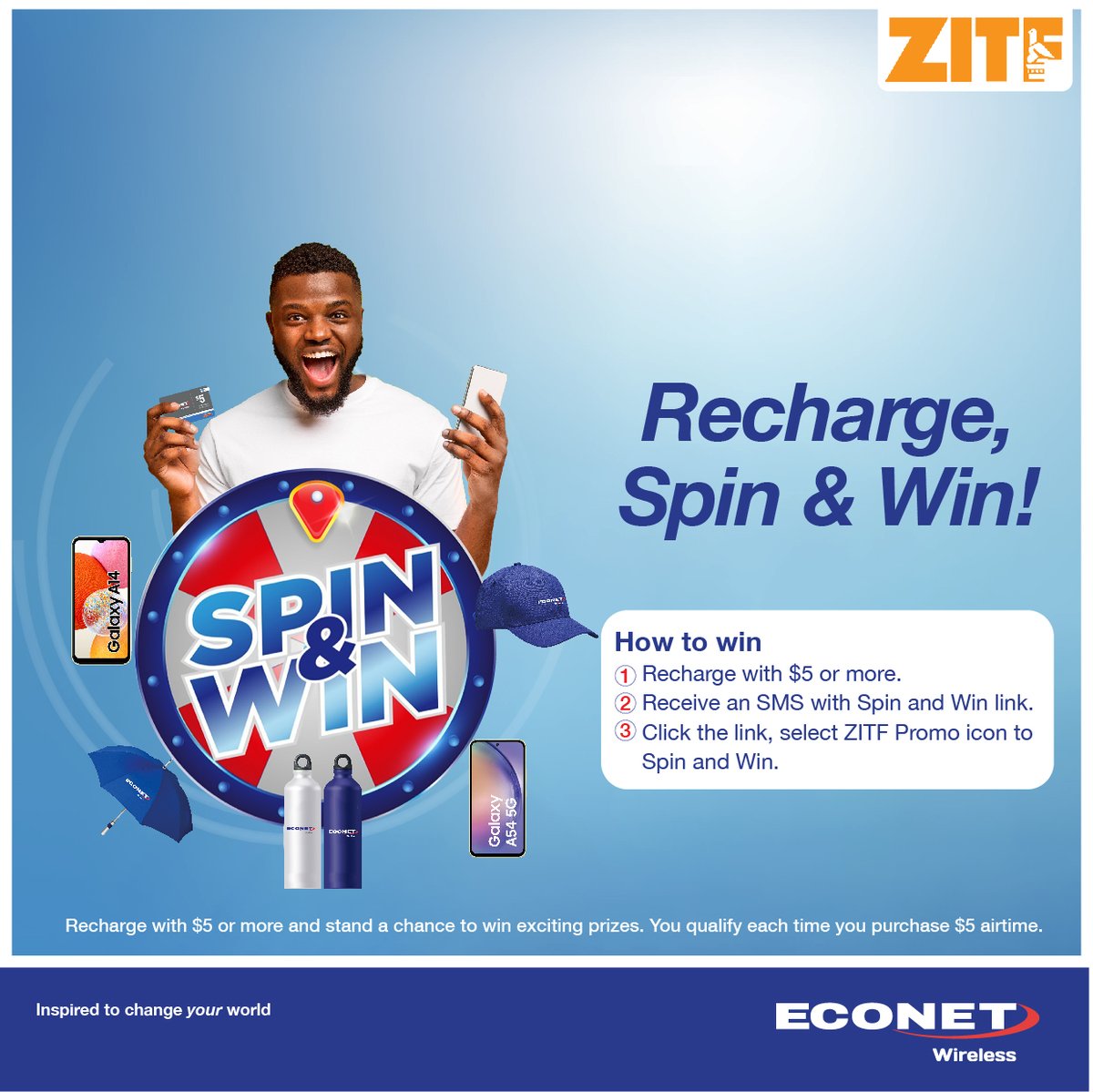 #ZITF2024 Are you in Bulawayo? Recharge with USD$5 Spin and WIN exciting prizes. PS: You qualify each time you purchase USD$5.